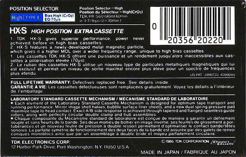 Compact Cassette TDK HX-S 60 Type II Chrome 1986 North America