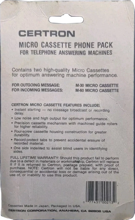Microcassette Certron 60 "Phone pack" Type I Normal 1987 USA