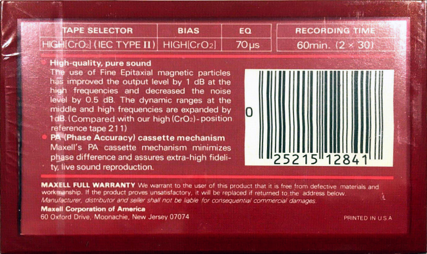 Compact Cassette Maxell UDS 60 "UDS-II" Type II Chrome 1985 USA