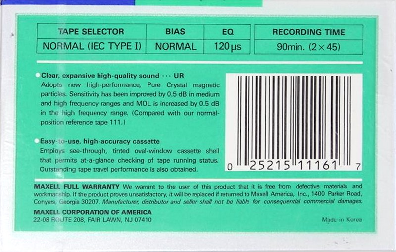Compact Cassette Maxell UR 90 Type I Normal 1988 USA