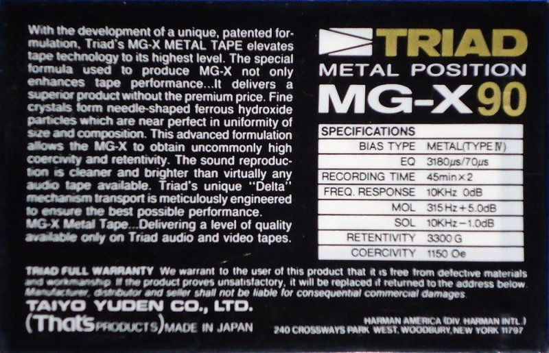 Compact Cassette Triad MG-X 90 Type IV Metal 1986 North America