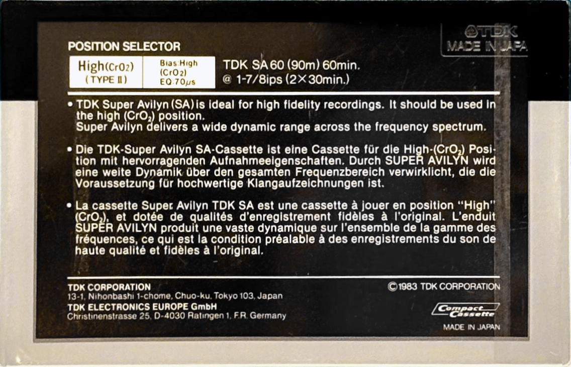 Compact Cassette TDK SA 60 Type II Chrome 1983 Europe