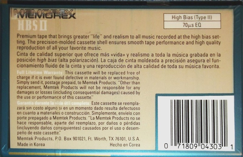 Compact Cassette Memorex HBS II 110 Type II Chrome 1993 North America
