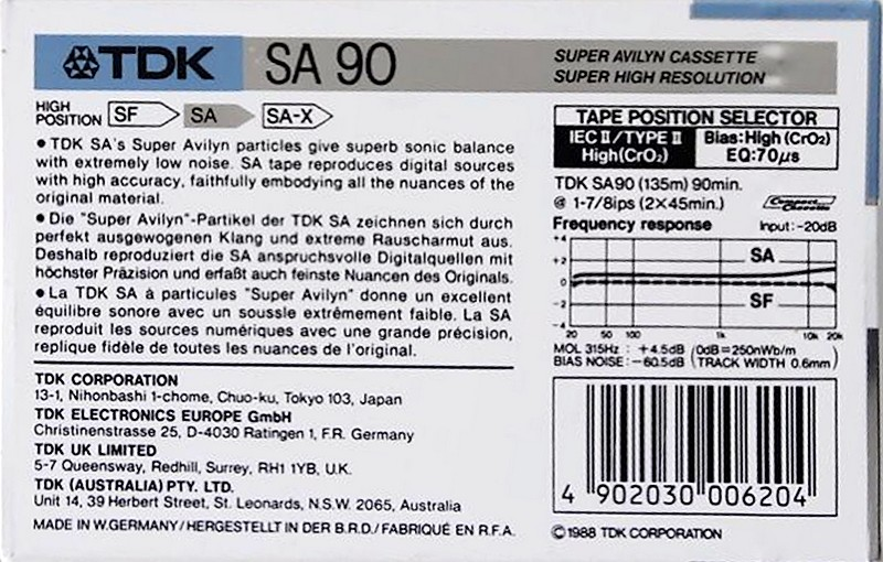 Compact Cassette TDK SA 90 Type II Chrome 1988 Australia, Europe