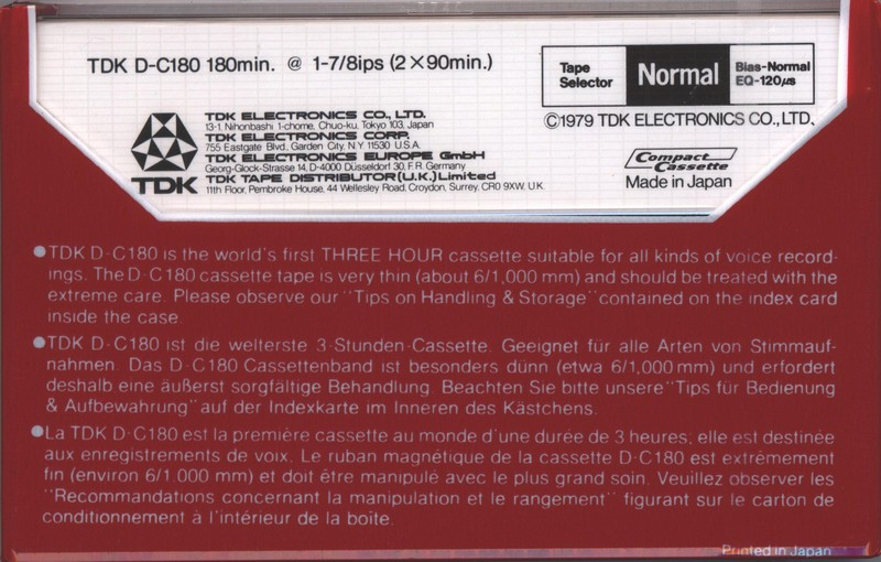 Compact Cassette TDK D 180 Type I Normal 1979 Europe, USA