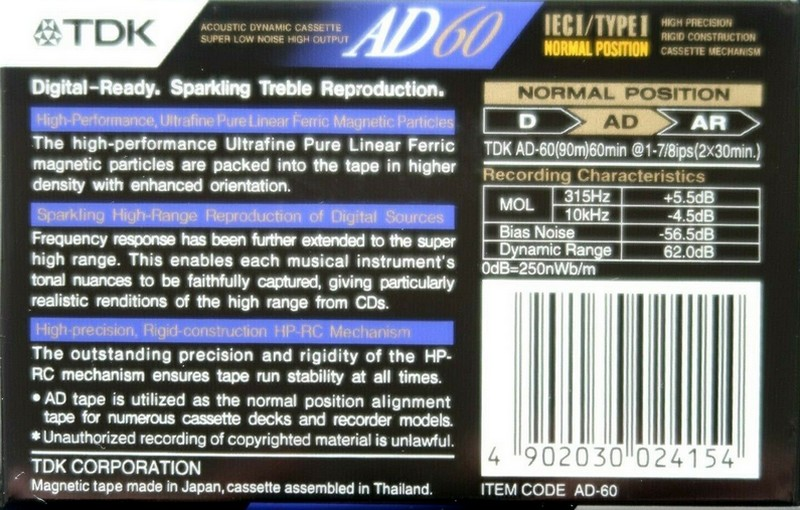 Compact Cassette TDK AD 60 "AD-60" Type I Normal 1992 Thailand