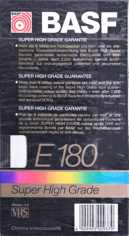VHS, Video Home System BASF super HG 180 Type II Chrome 1988 Europe