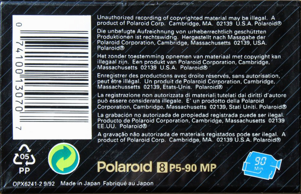 Video8, Hi8, Digital8 Polaroid 90 Type IV Metal 1992 North America