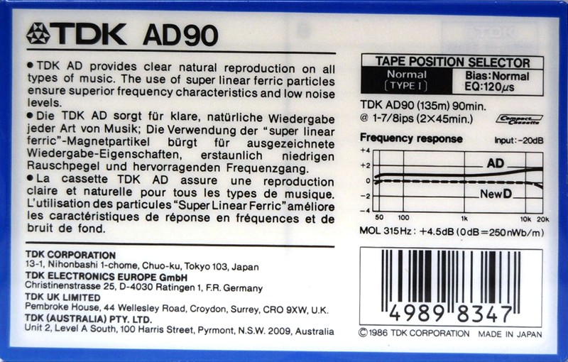 Compact Cassette TDK AD 90 Type I Normal 1986 Australia, Europe