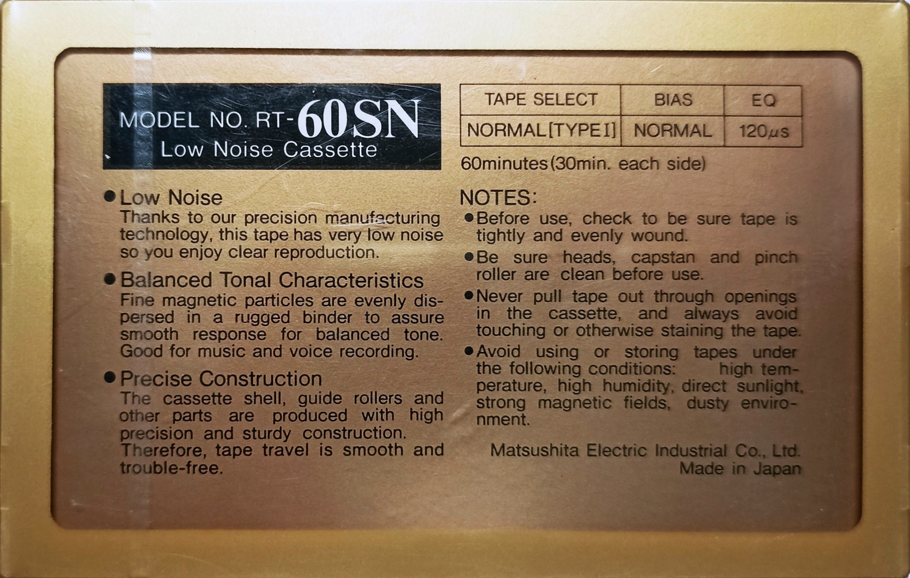 Compact Cassette Panasonic SN 60 Type I Normal 1982 Japan