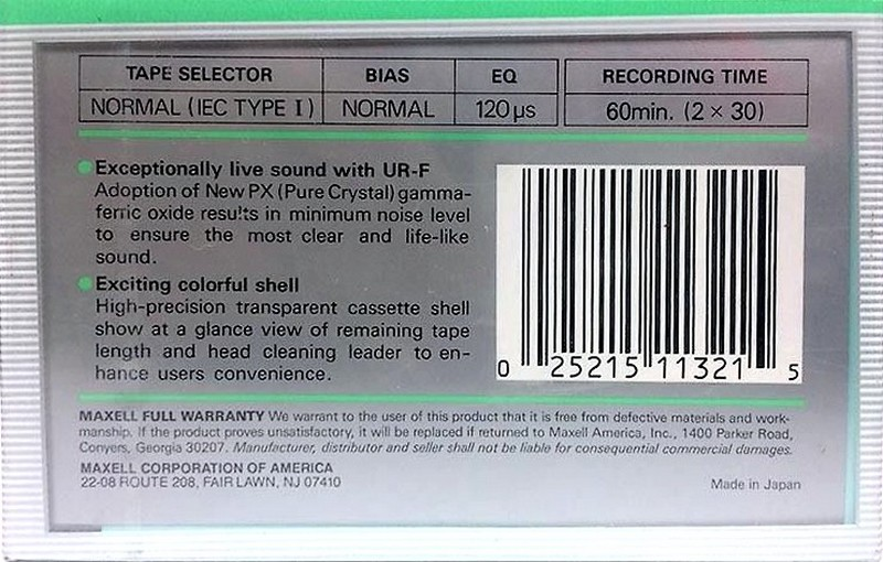 Compact Cassette Maxell UR-F 60 Type I Normal 1985 USA