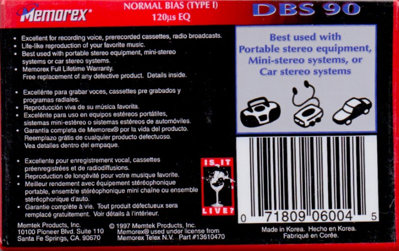 Compact Cassette Memorex dBS 90 Type I Normal 1997 North America