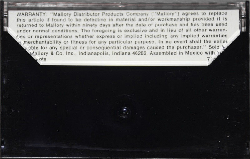 Compact Cassette Mallory 120 "Professional" Type I Normal 1982 USA