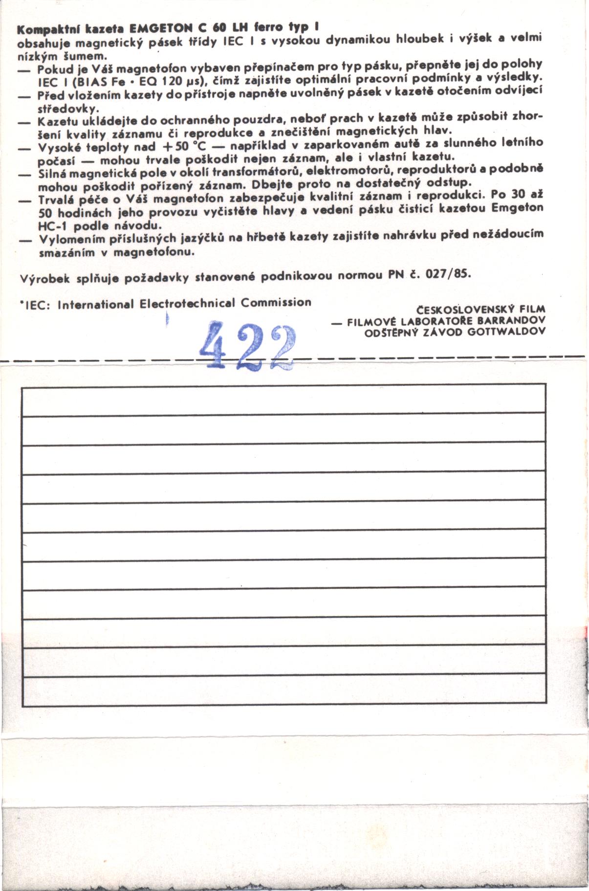 Compact Cassette Emgeton LH 60 Type I Normal 1987 Czechoslovakia