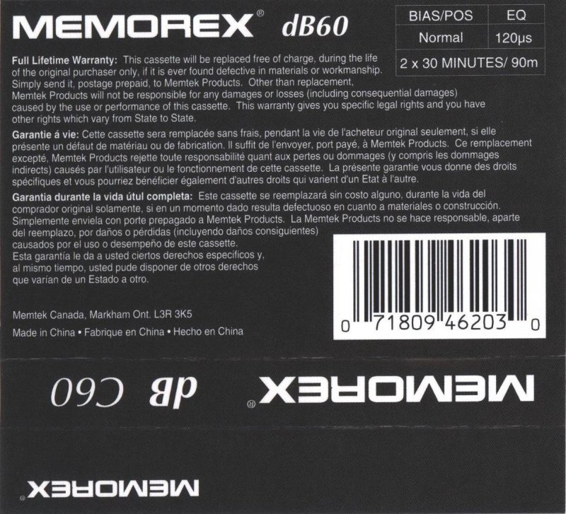 Compact Cassette Memorex dB 60 Type I Normal 1993 China