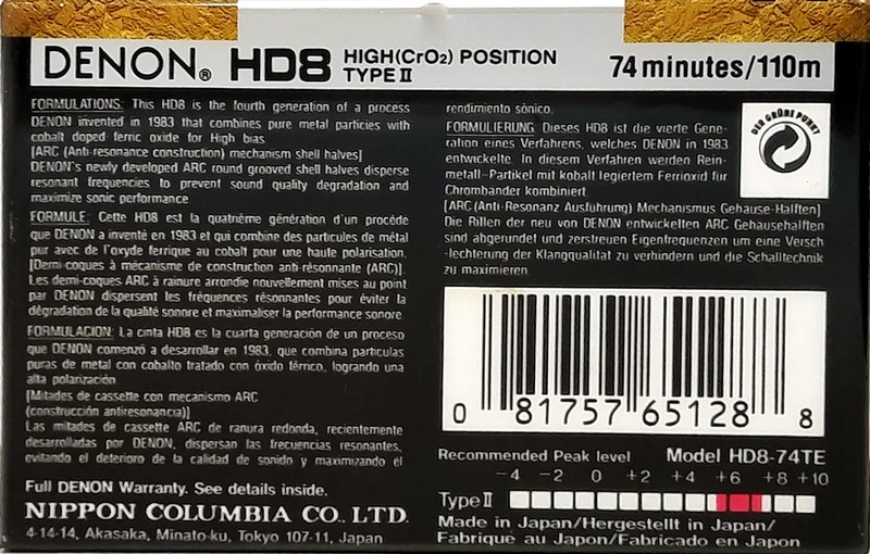 Compact Cassette Denon HD8 74 "HD8-74TE" Type II Chrome 1992 Worldwide