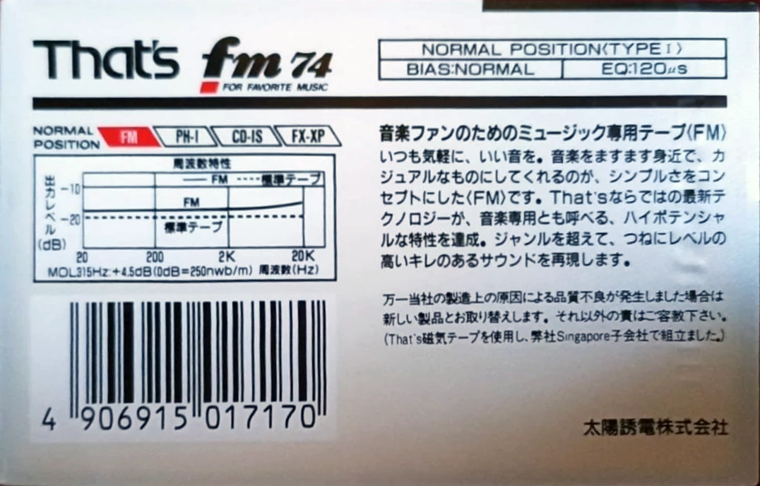 Compact Cassette Thats FM 74 Type I Normal 1989 Japan