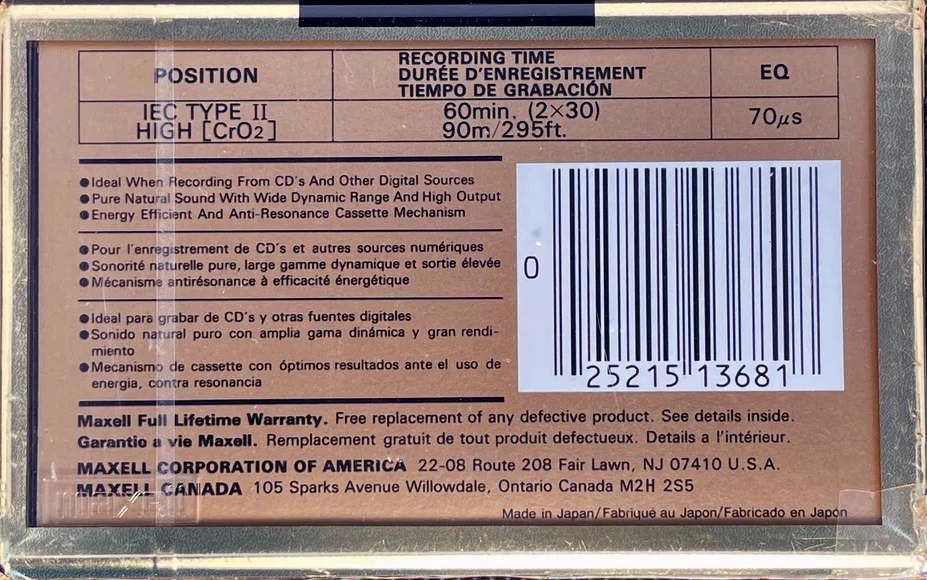 Compact Cassette Maxell XLII 60 Type II Chrome 1993 North America