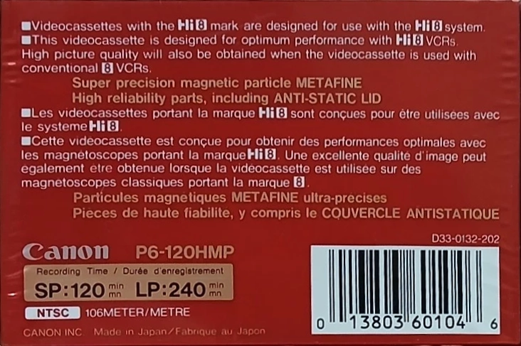 Video8, Hi8, Digital8 Canon Metal MP 120 "Hi8-MP-120" Type IV Metal 1989 North America