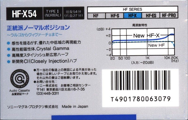 Compact Cassette Sony HF-X 54 "HF-X 54A" Type I Normal 1988 Japan
