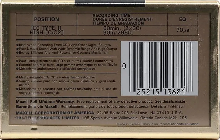 Compact Cassette Maxell XLII 60 Type II Chrome 1992 North America