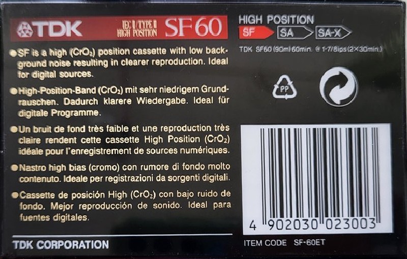 Compact Cassette TDK SF 60 "SF-60ET" Type II Chrome 1992 Europe