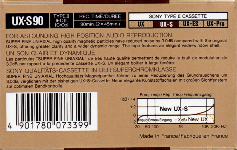 Compact Cassette Sony UX-S 90 Type II Chrome 1988 Europe