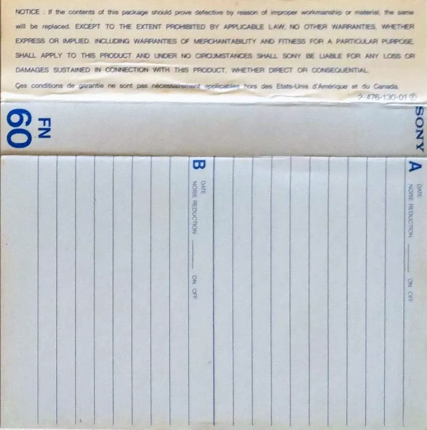 Compact Cassette Sony FN 60 Type I Normal 1985 North America