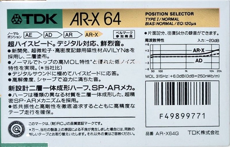 Compact Cassette TDK AR-X 64 "AR-X64G" Type I Normal 1987 Japan