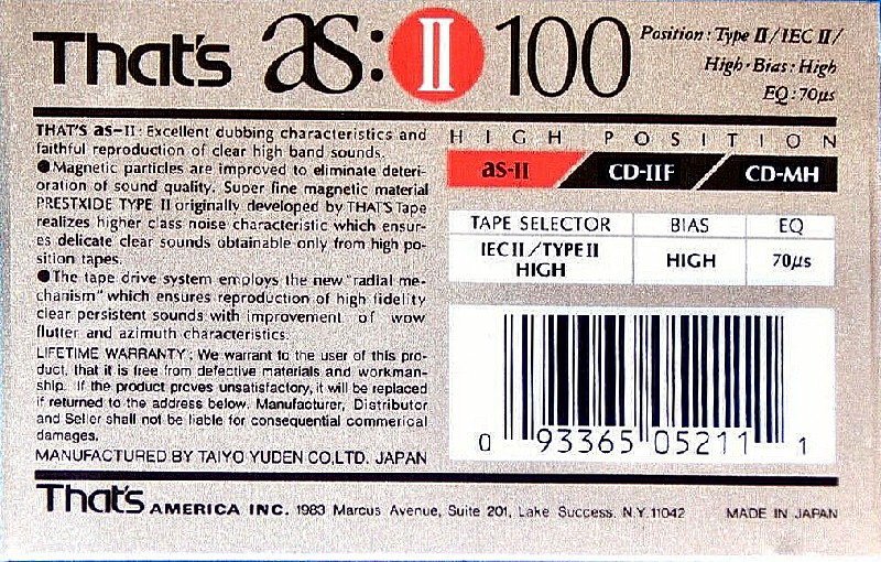 Compact Cassette Thats AS II 100 Type II Chrome 1990 USA