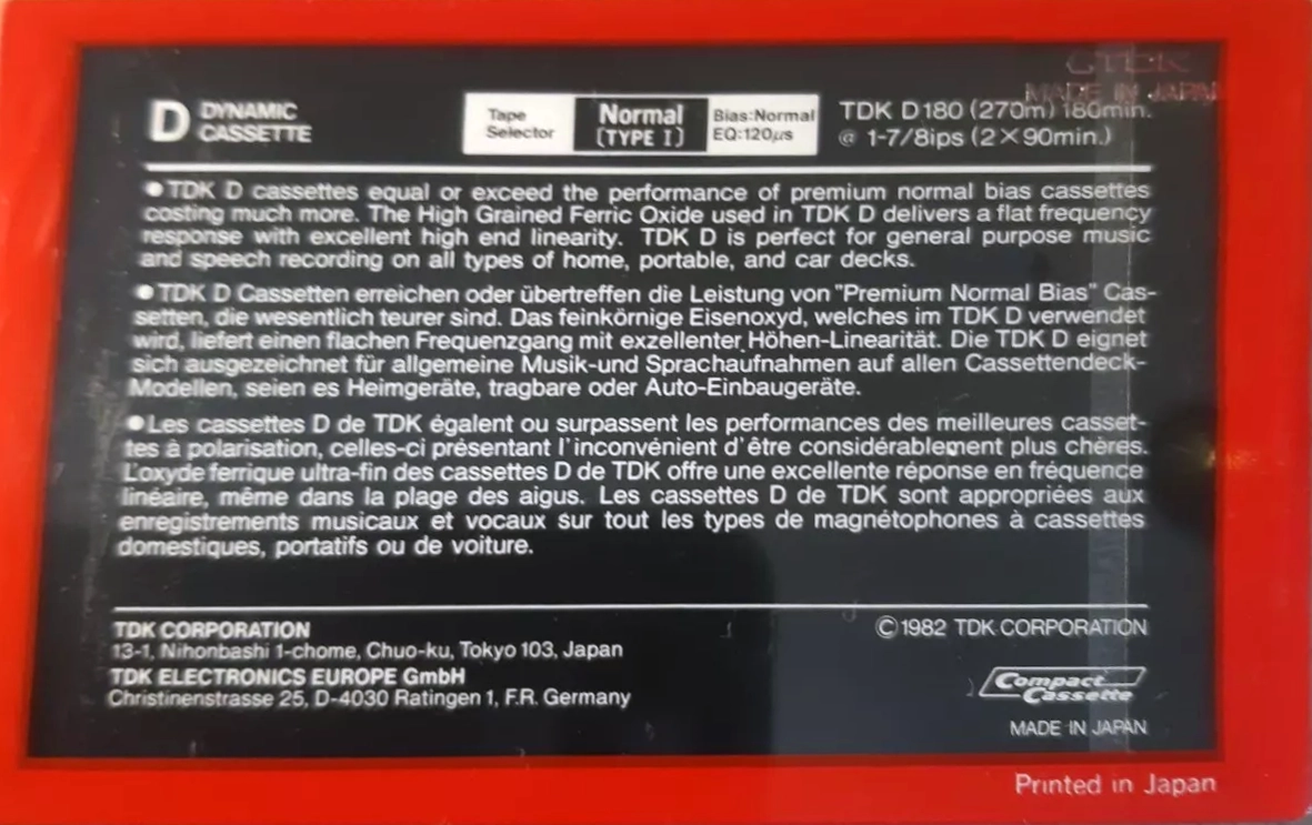 Compact Cassette TDK D 180 Type I Normal 1982 Europe