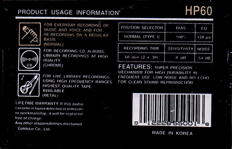 Compact Cassette Goldstar HP 60 "FAKE (counterfeit)" Type I Normal 1989 USA