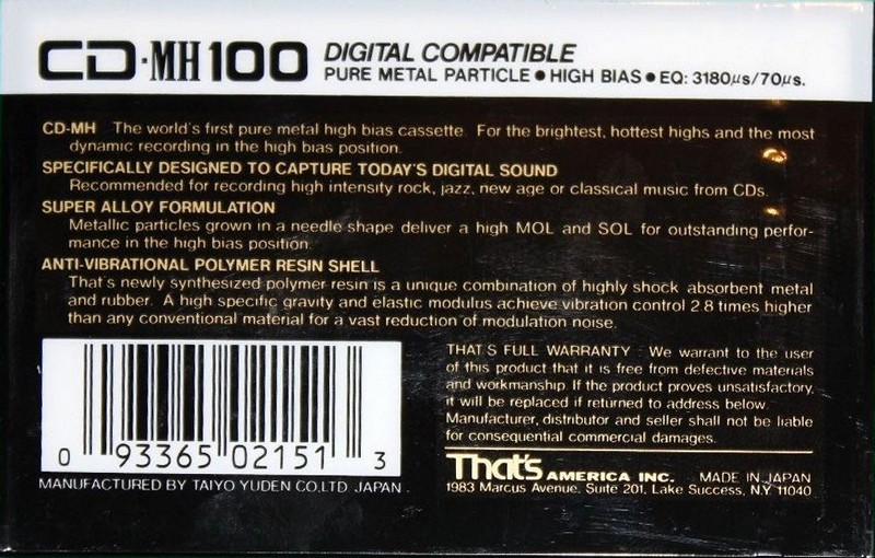 Compact Cassette Thats CD 100 "CD-MH" Type II Chrome 1987 USA