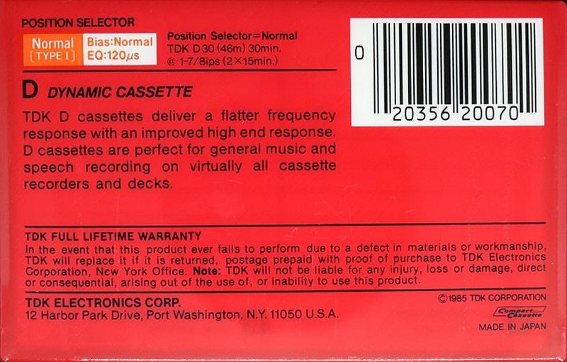 Compact Cassette TDK D 30 Type I Normal 1985 USA
