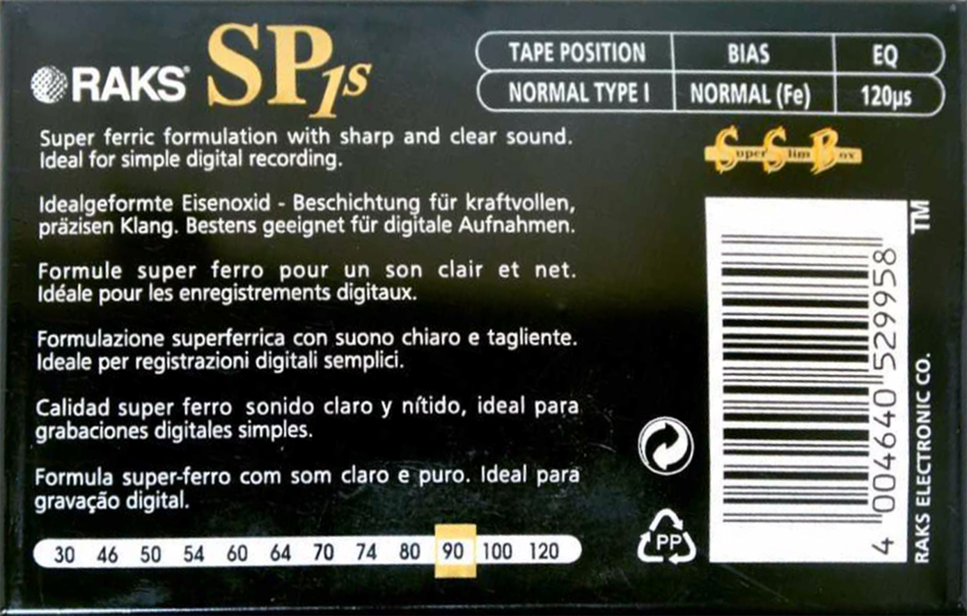 Compact Cassette RAKS SP s 90 "SP 1s" Type I Normal 1996 Europe