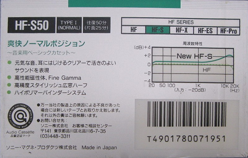 Compact Cassette Sony HF-S 50 Type I Normal 1988 Japan