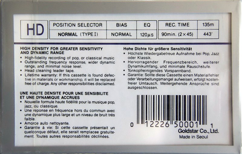 Compact Cassette Goldstar HD 90 Type I Normal 1987 North America