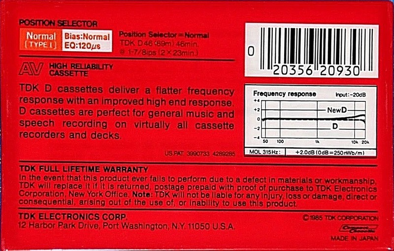 Compact Cassette TDK AV 46 "AV-D46" Type I Normal 1985 USA