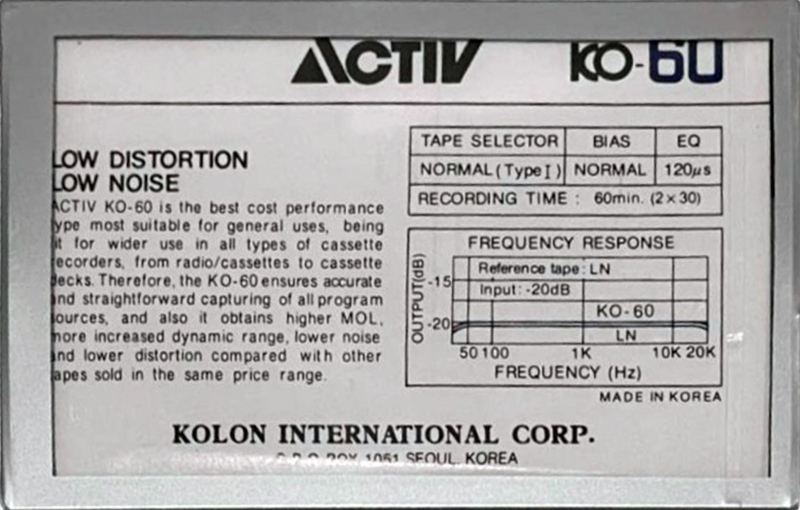 Compact Cassette Activ KO 60 Type I Normal South Korea