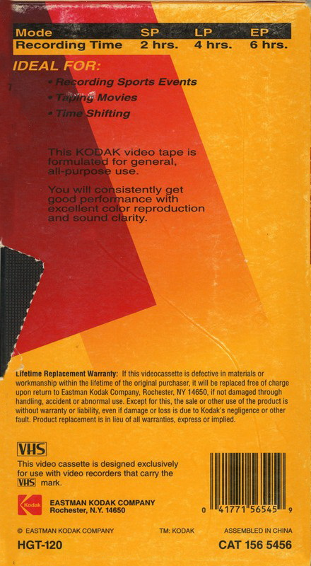 VHS, Video Home System Kodak HG 120 "HGT-120" Type I Normal USA