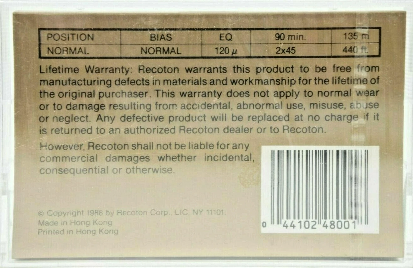 Compact Cassette Recoton XR 90 Type I Normal 1988 USA