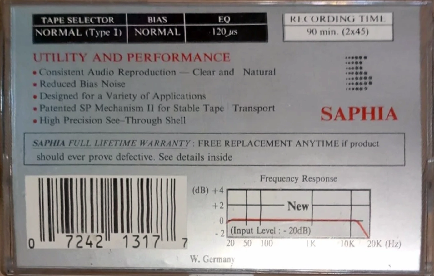 Compact Cassette Saphia 90 Type I Normal USA