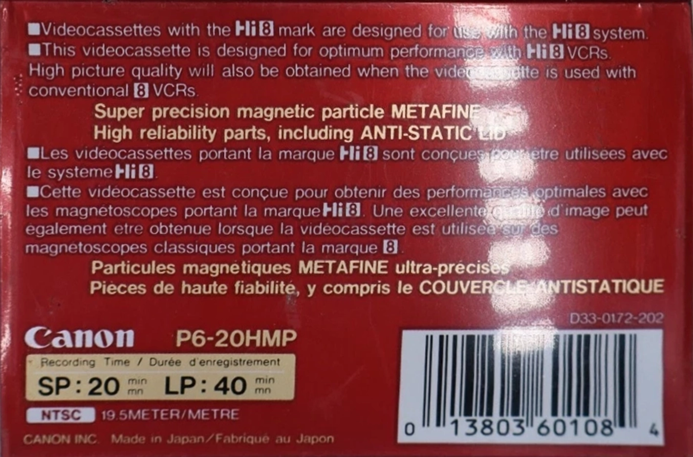 Video8, Hi8, Digital8 Canon Metal MP 20 "Hi8 P6-20HMP" Type IV Metal 1989 North America