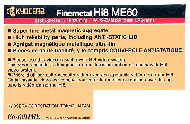 Video8, Hi8, Digital8 Kyocera Finemetal 60 "Hi8 ME" Type IV Metal North America