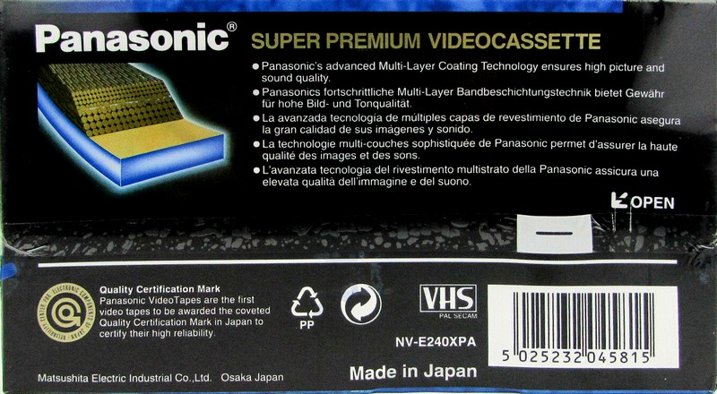 VHS, Video Home System Panasonic SP 240 "NV-E240XPA" Type I Normal Europe