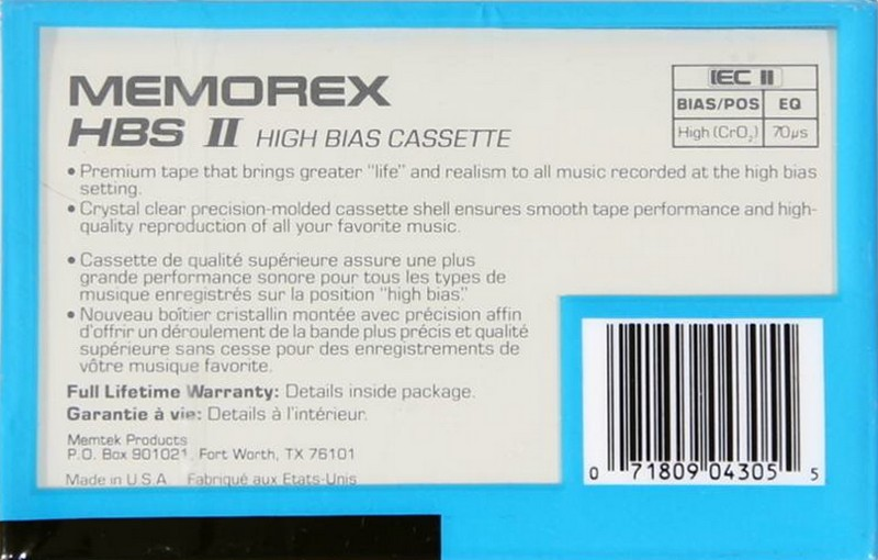 Compact Cassette Memorex HBS II 76 Type II Chrome 1989 North America