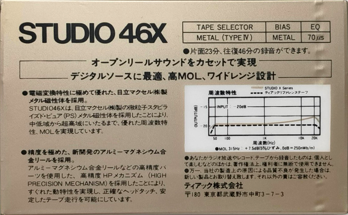 Compact Cassette Teac STUDIO 52 "52X" Type IV Metal 1986 Japan