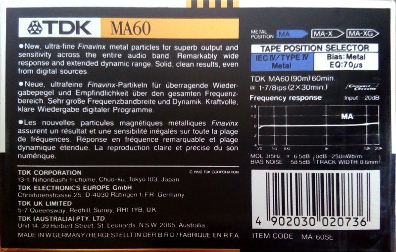 Compact Cassette TDK MA 60 "MA-60SE" Type IV Metal 1990 Europe