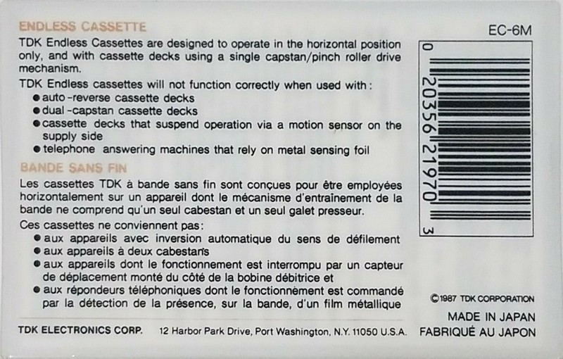Compact Cassette TDK EC Endless 6 "EC-6M" Endless Cassette 1987 North America