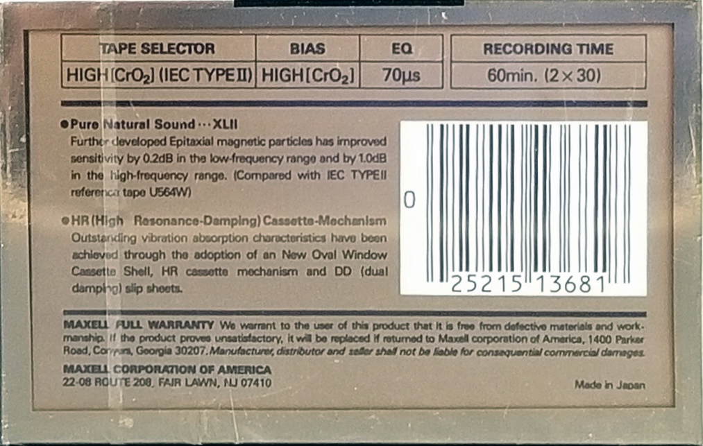 Compact Cassette Maxell XLII 60 Type II Chrome 1989 USA